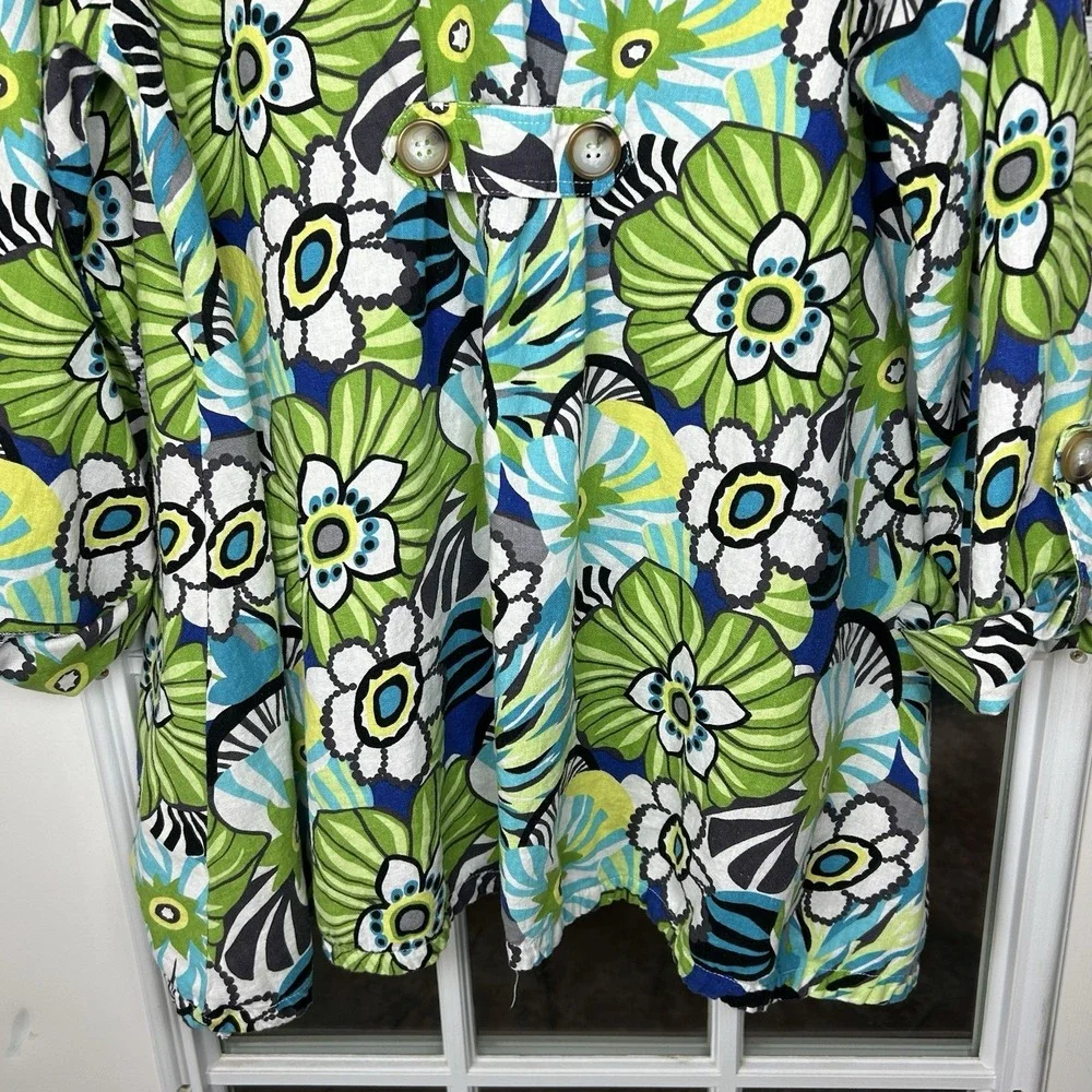 For Cynthia Linen Blend Floral Print Button Down Top Roll Tab Cuff Tunic Size L‎